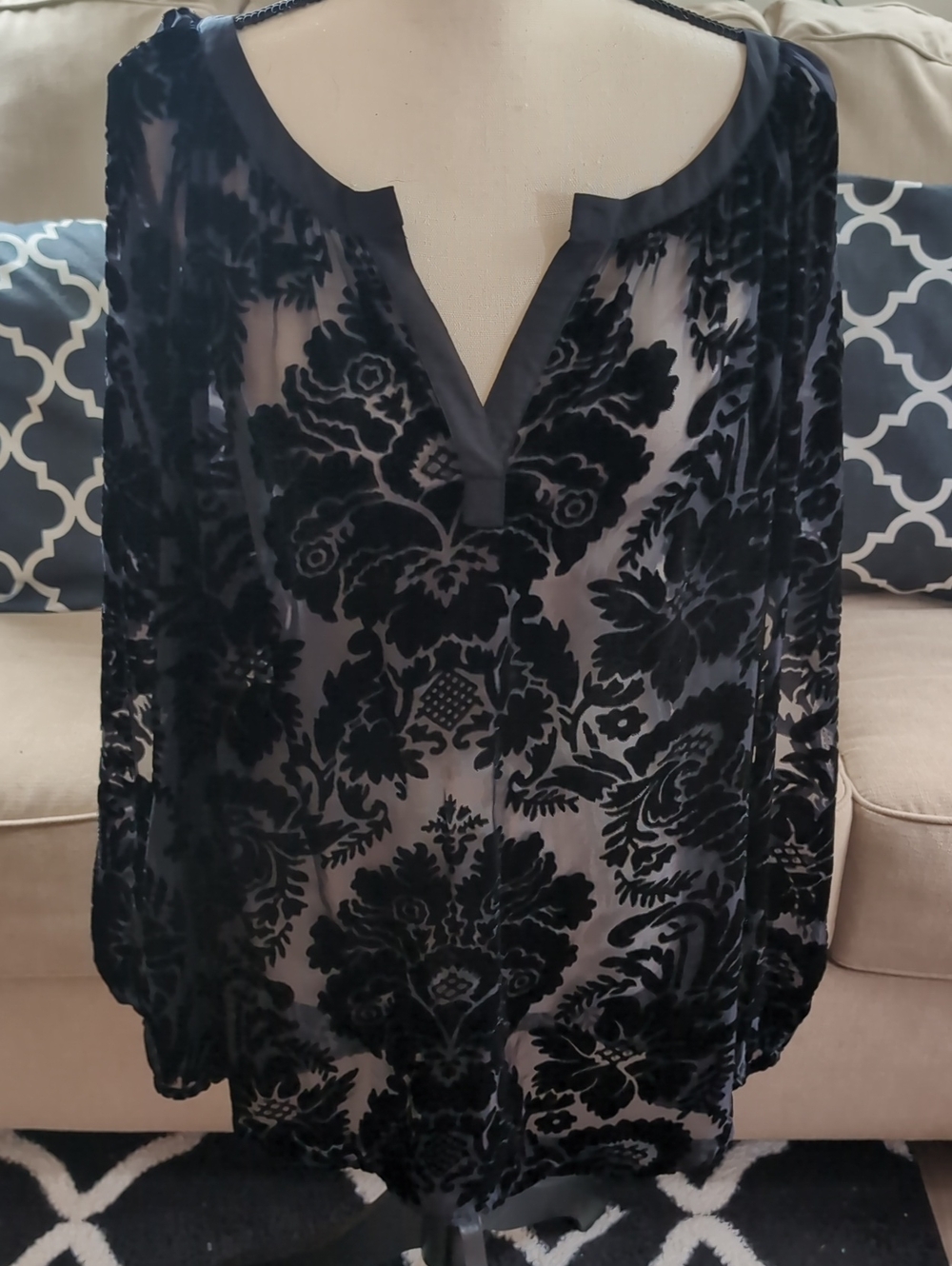 Black Floral Burnout  Blouse - Women